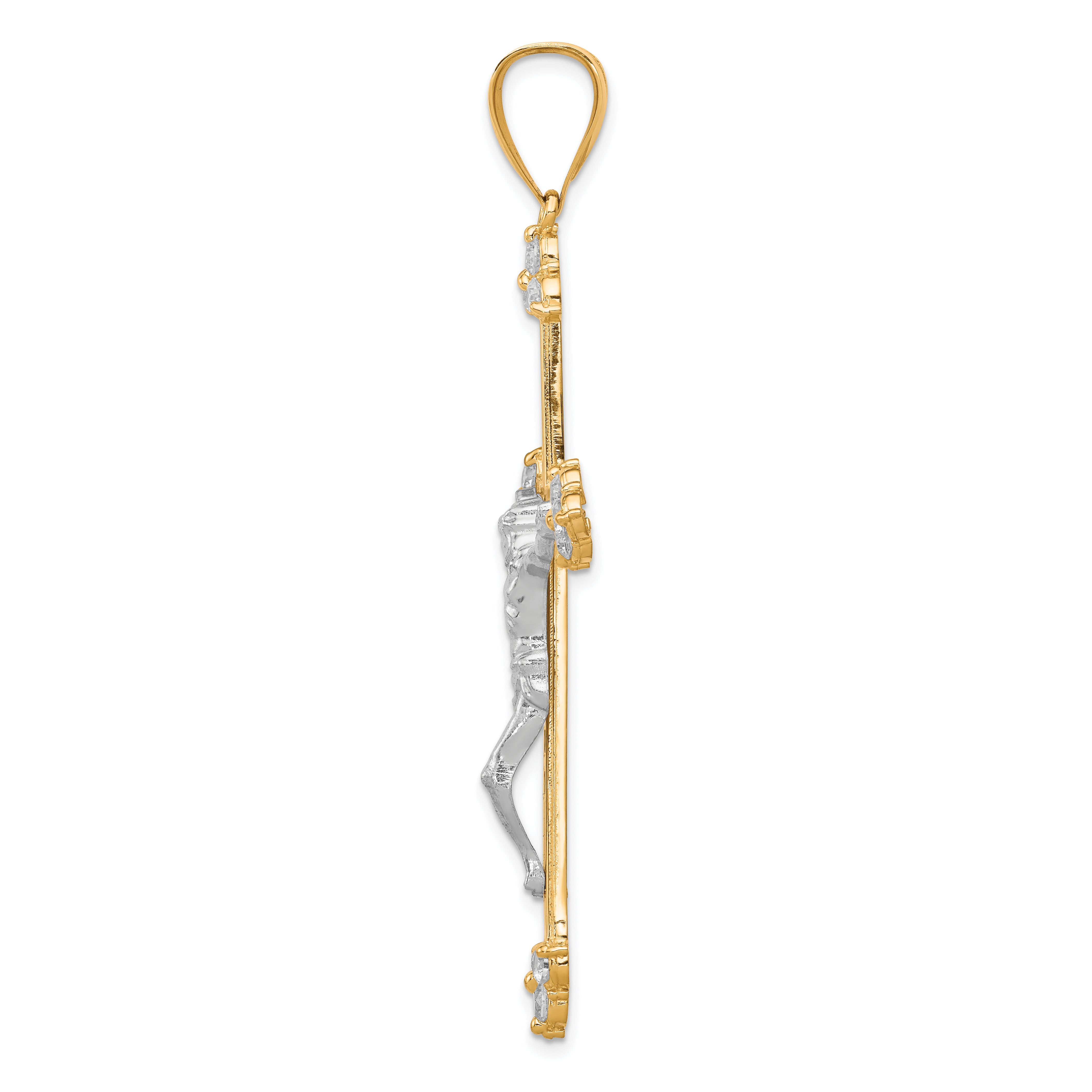 10K Gold CZ Crucifix Pendant with Polished Rhodium Accents  63mm Elegant Design