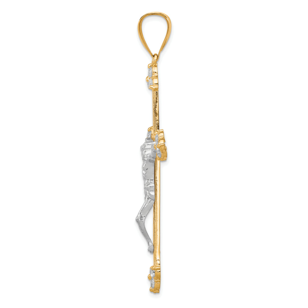 10K Gold CZ Crucifix Pendant with Polished Rhodium Accents  63mm Elegant Design