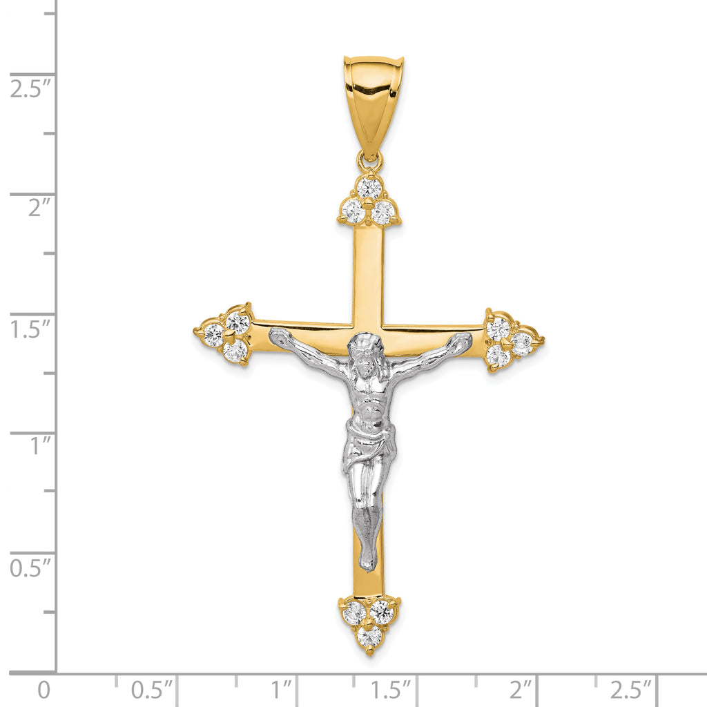 10K Gold CZ Crucifix Pendant with Polished Rhodium Accents  63mm Elegant Design