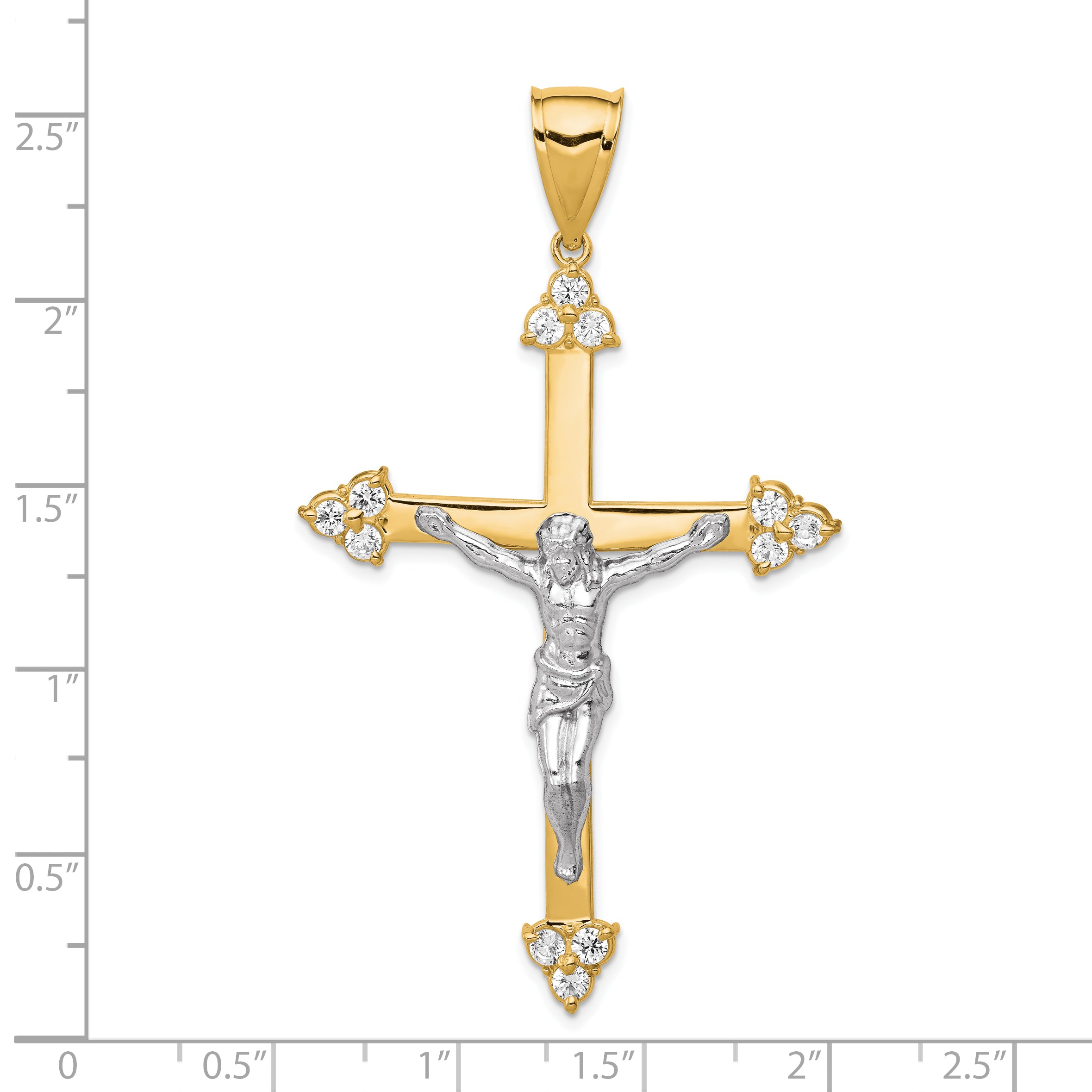 10K Gold CZ Crucifix Pendant with Polished Rhodium Accents  63mm Elegant Design