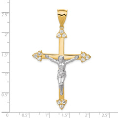 10K Gold CZ Crucifix Pendant with Polished Rhodium Accents  63mm Elegant Design