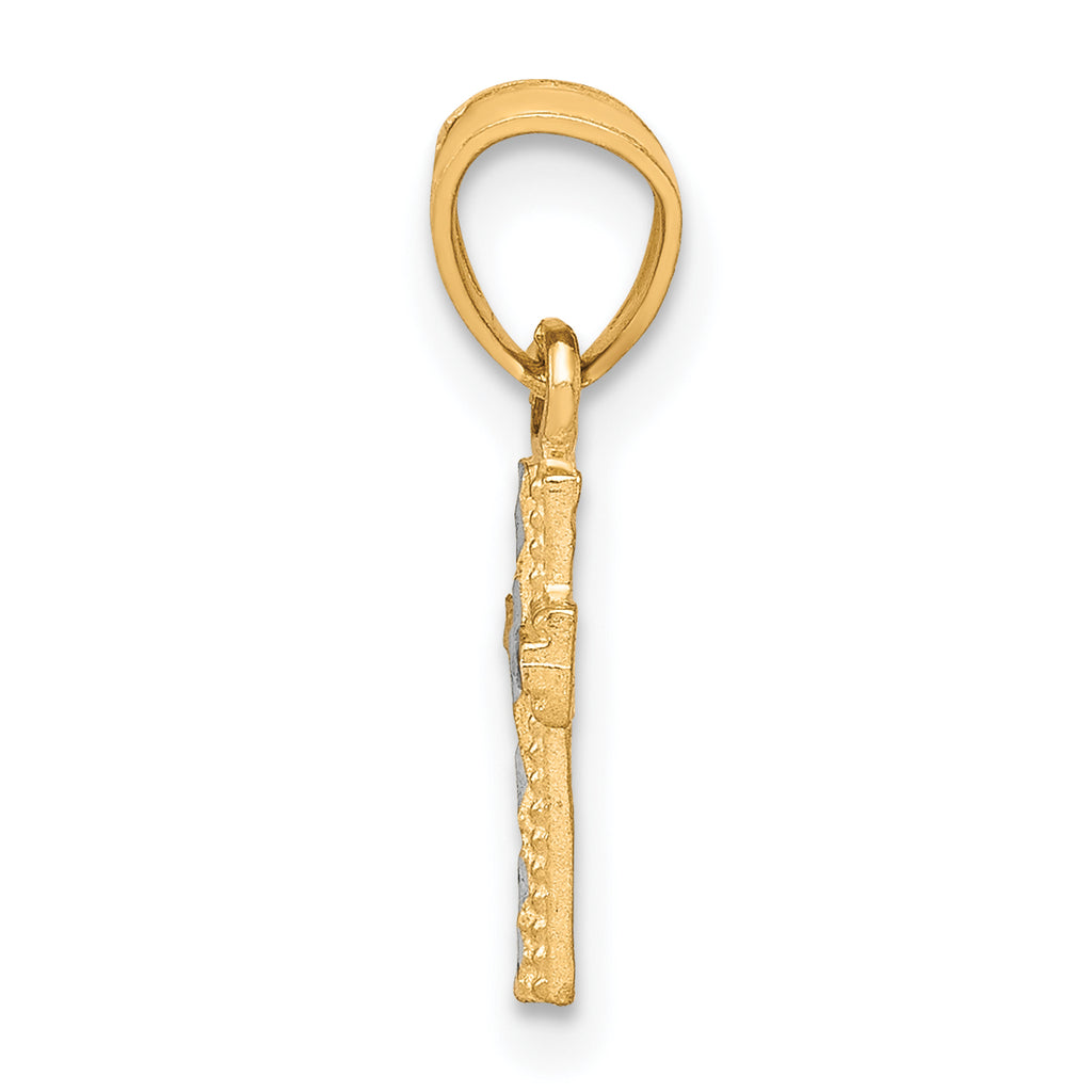 10K Gold Cross Pendant with Rhodium Accents and Polished Finish