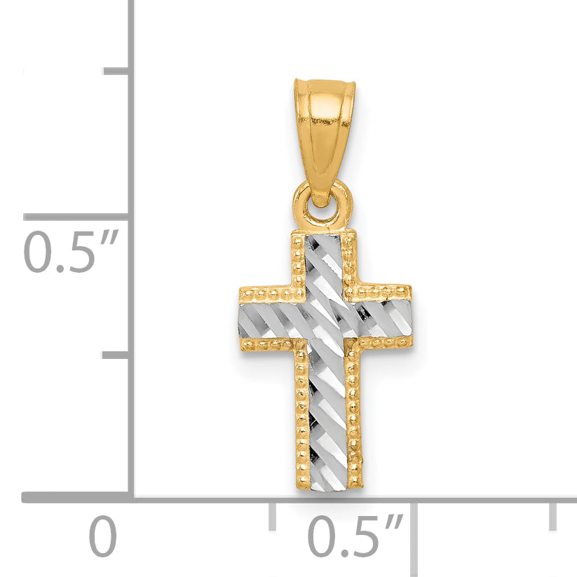 10k & Rhodium Tiny Diamond-Cut Cross Pendant