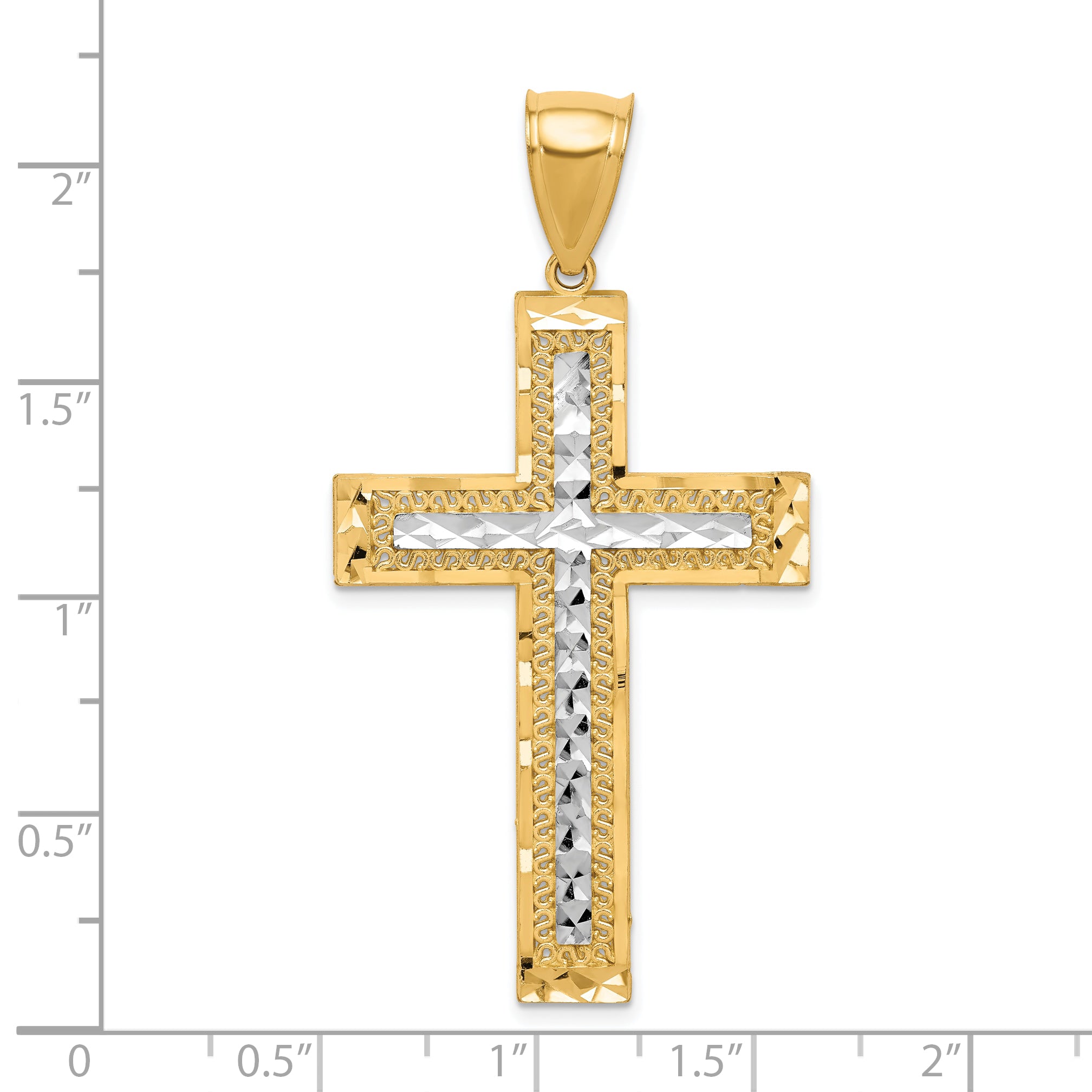 10K Gold Rhodium-Accented Diamond-Cut Cross Pendant with Polished Finish