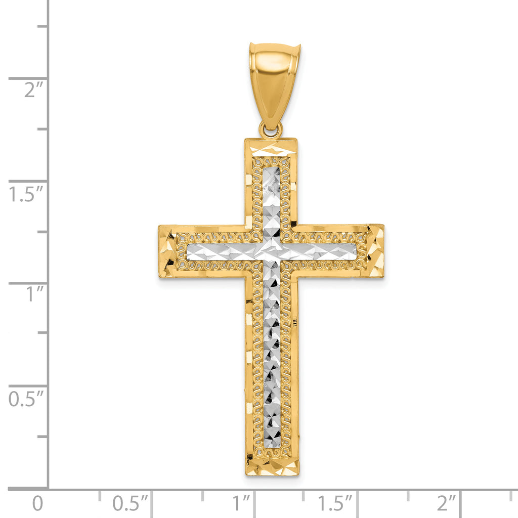 10K Gold Rhodium-Accented Diamond-Cut Cross Pendant with Polished Finish