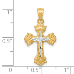 10K Gold Polished Cross Pendant with Rhodium Accents Diamond-Cut Detailing