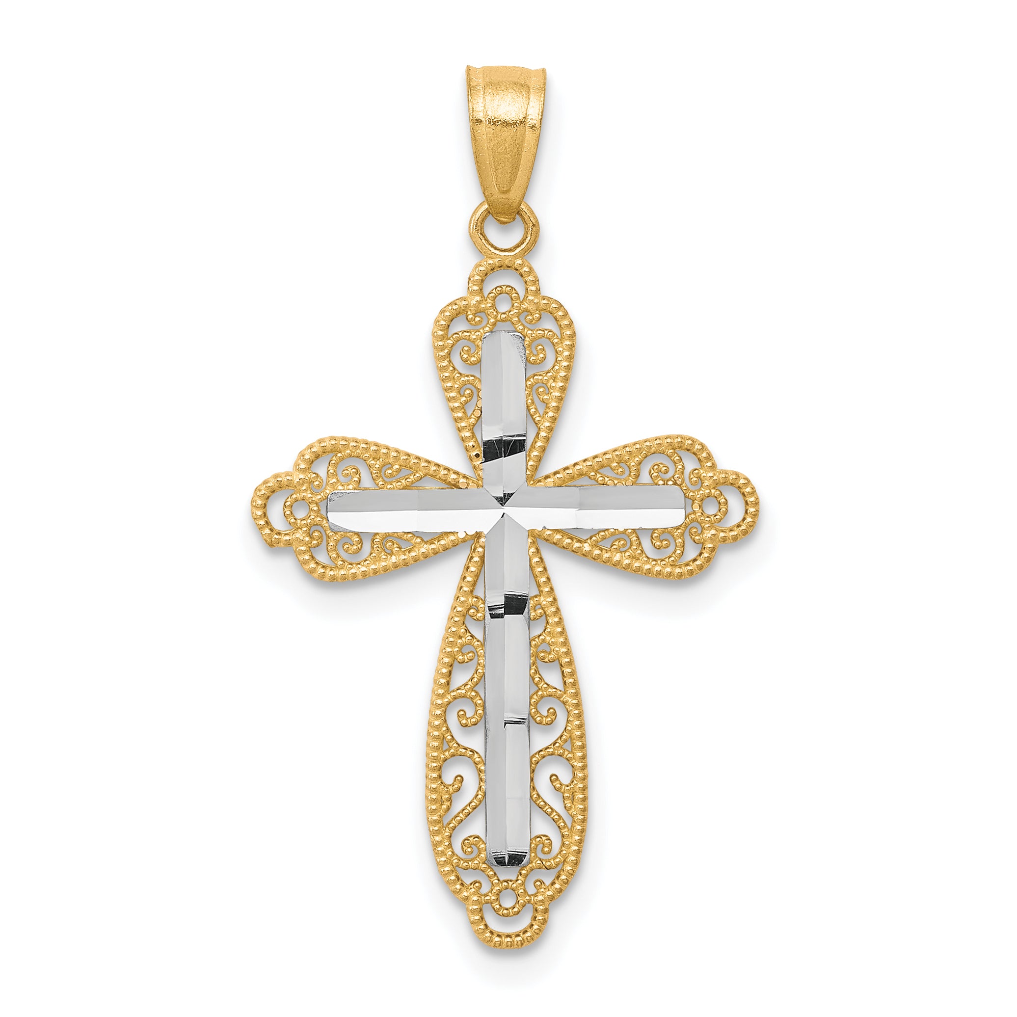 10K w/ Rhodium Diamond-Cut Cross Pendant