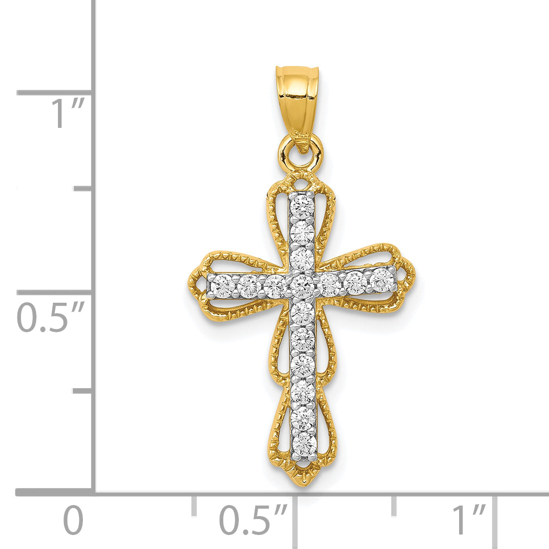 10K Gold CZ Filigree Cross Pendant with Polished Finish Elegant Design