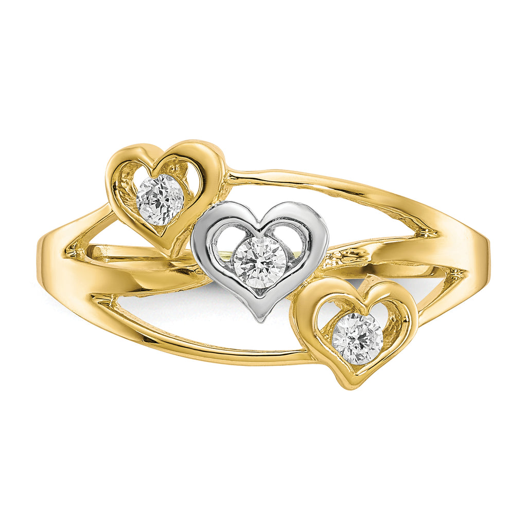 10K WithRhodium Triple Heart 3 Stone CZ Ring