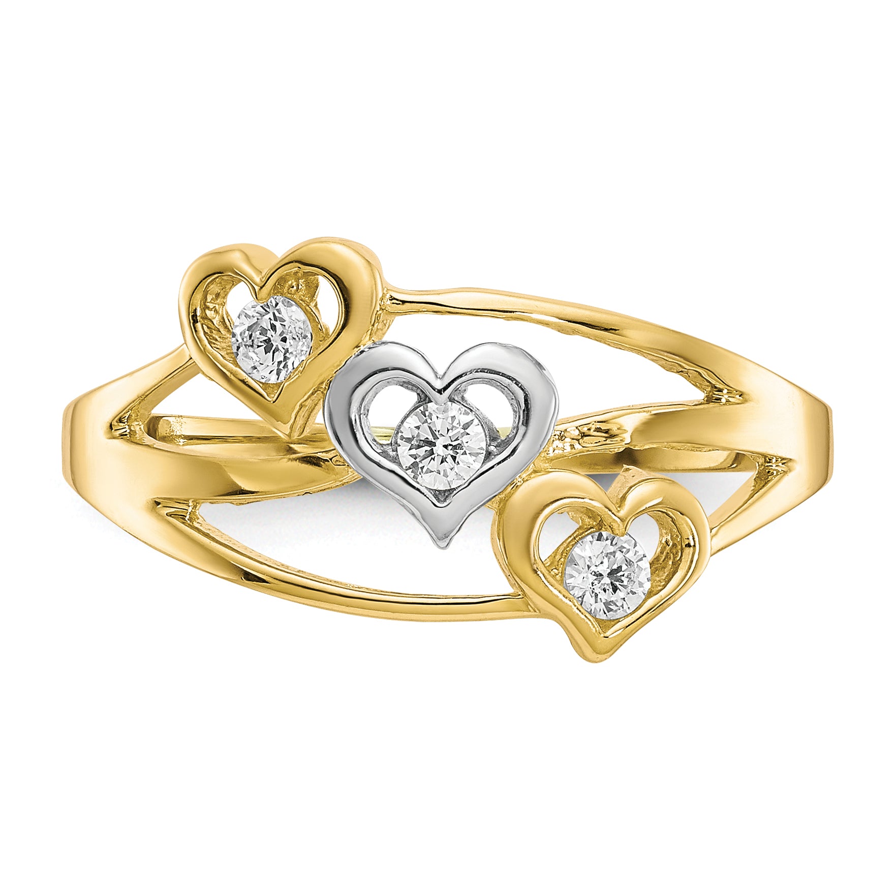 10K WithRhodium Triple Heart 3 Stone CZ Ring