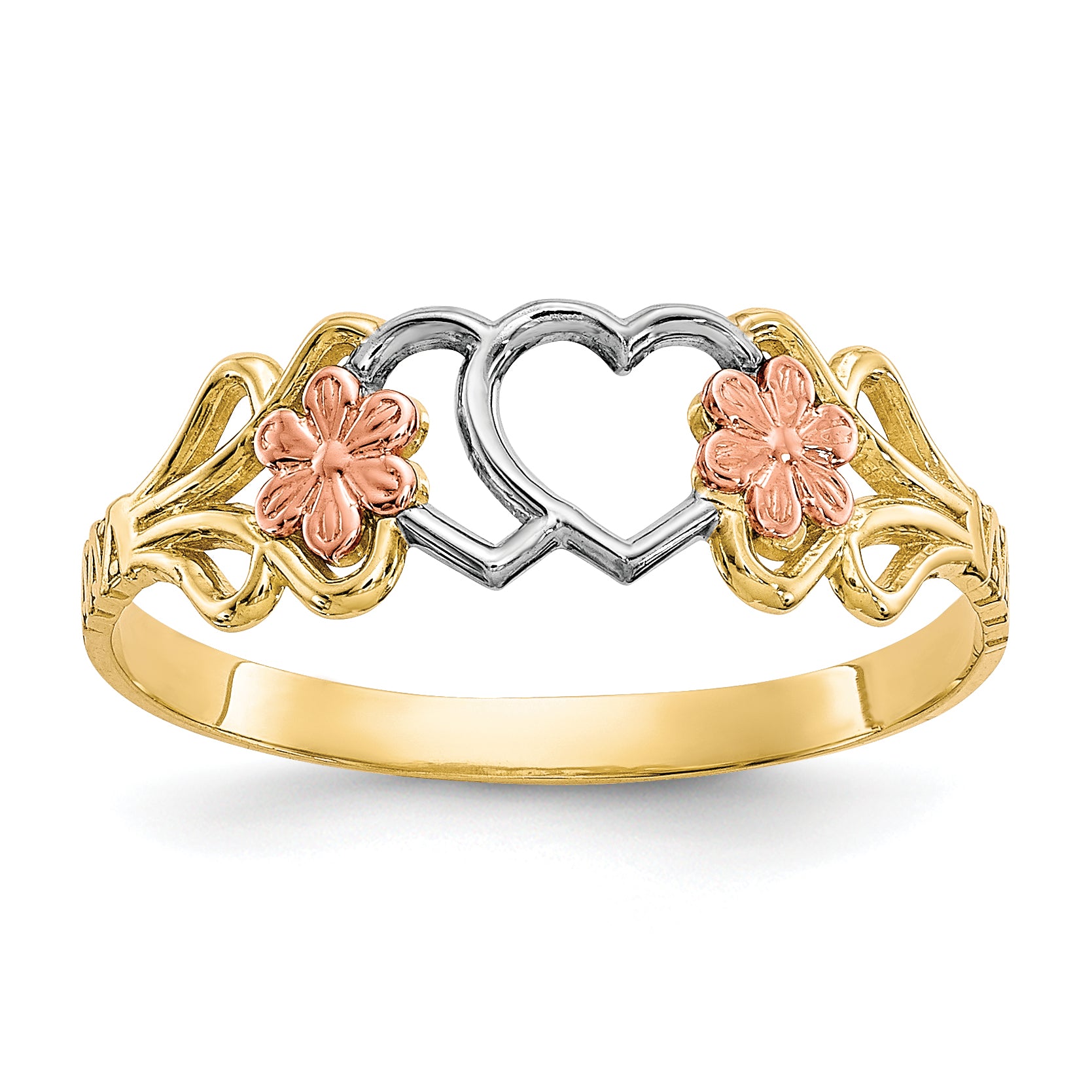10K Two-Tone WithWhite Rhodium Double Heart Ring Main image