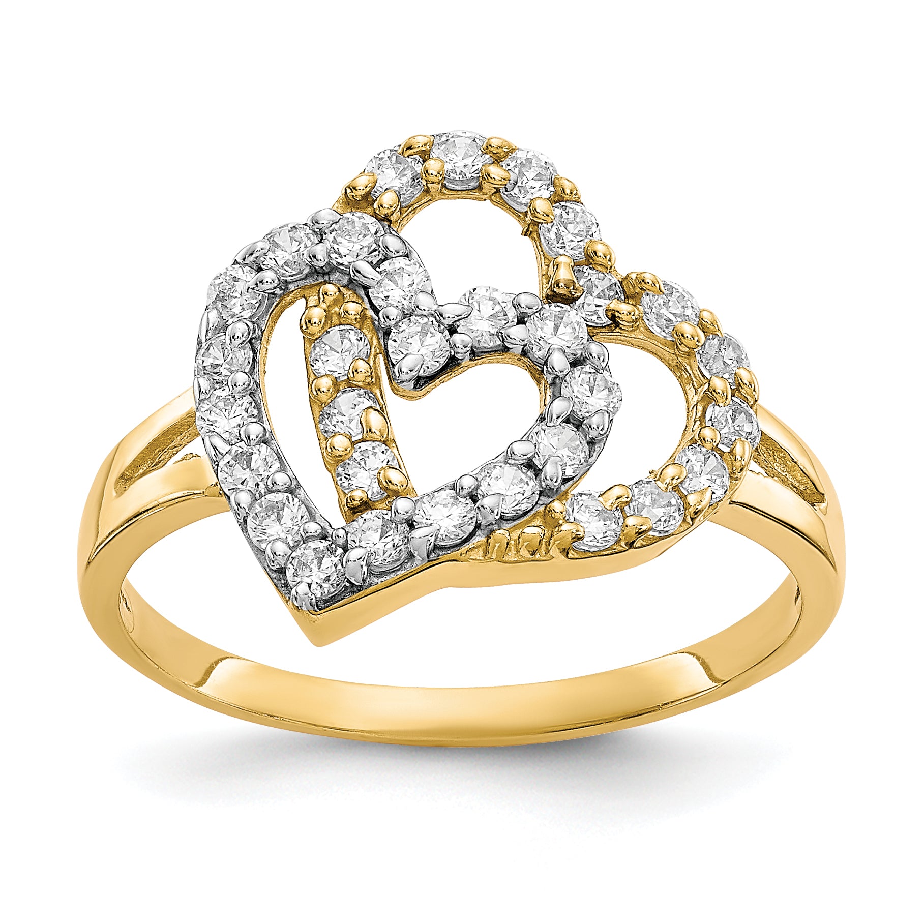 10K WithRhodium Double Heart CZ Ring Main image