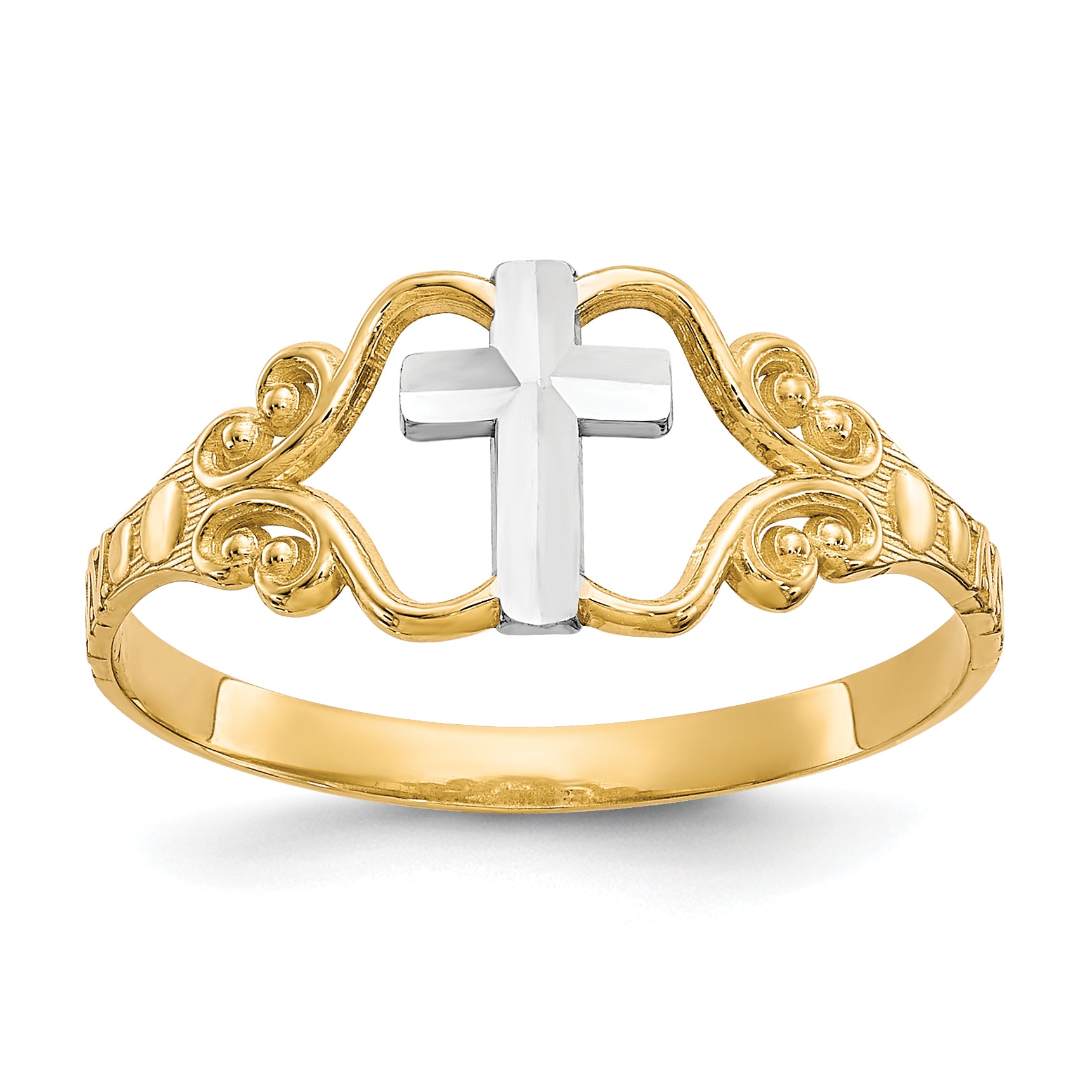 10k & Rhodium Polished Cross Ring Main image