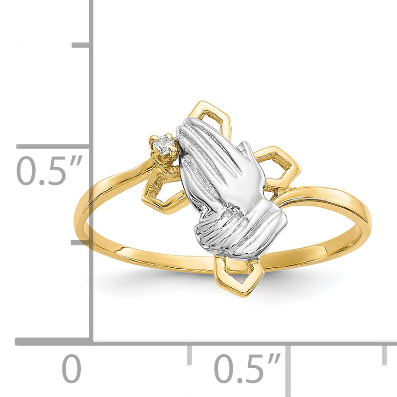 10k & Rhodium Praying Hands CZ WithCross Ring