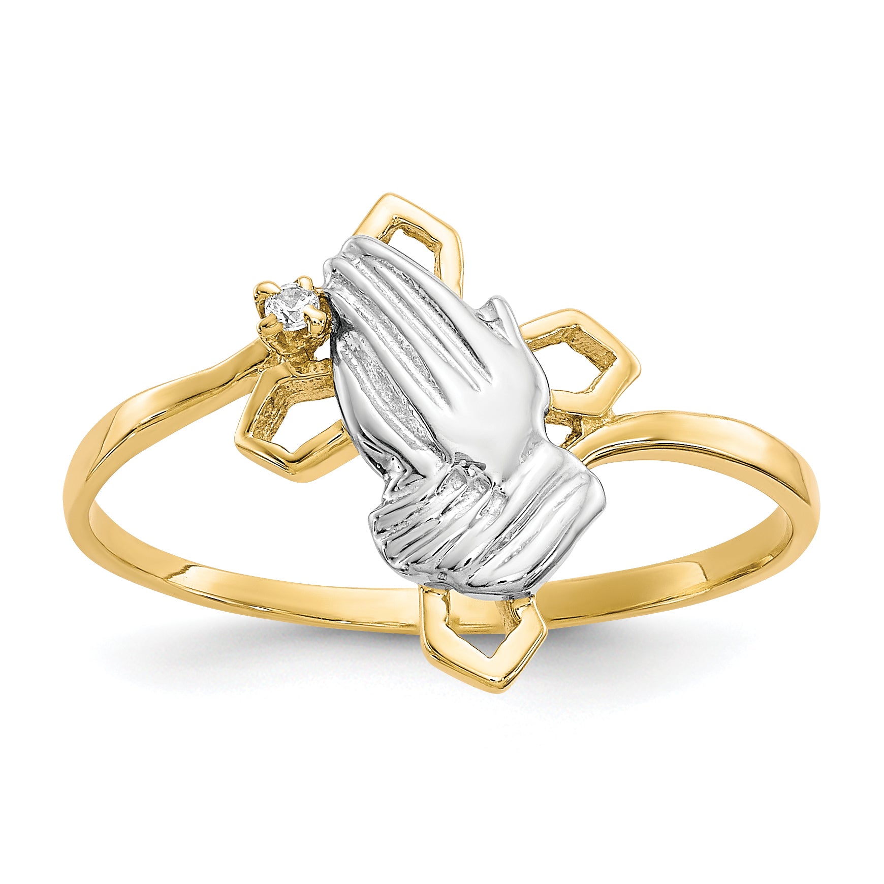 10k & Rhodium Praying Hands CZ WithCross Ring Main image
