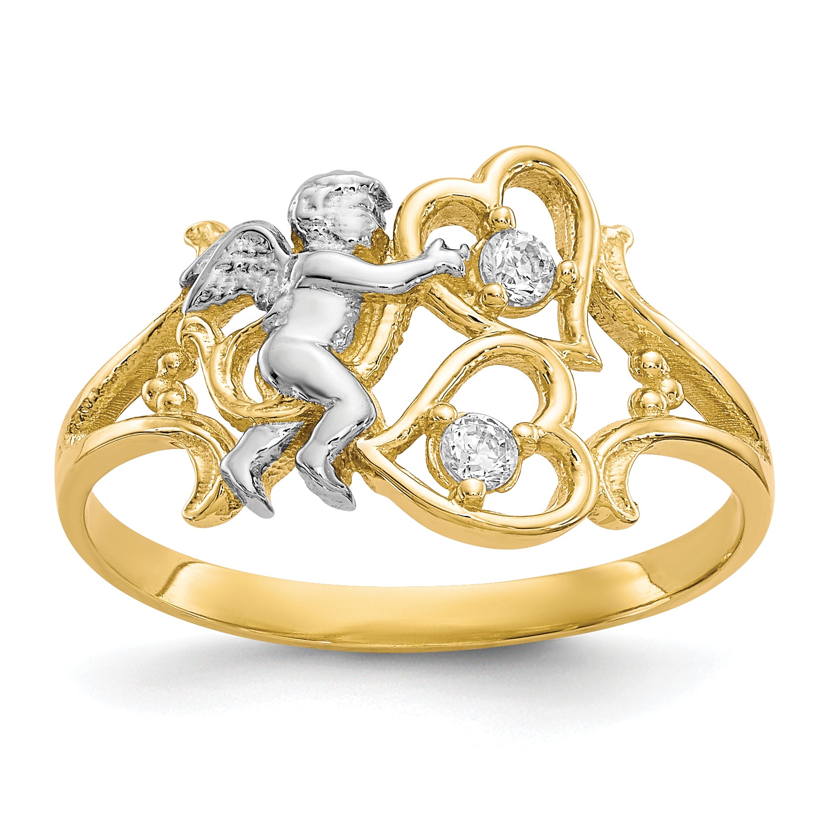 10k & Rhodium CZ Angel WithHearts Ring Main image