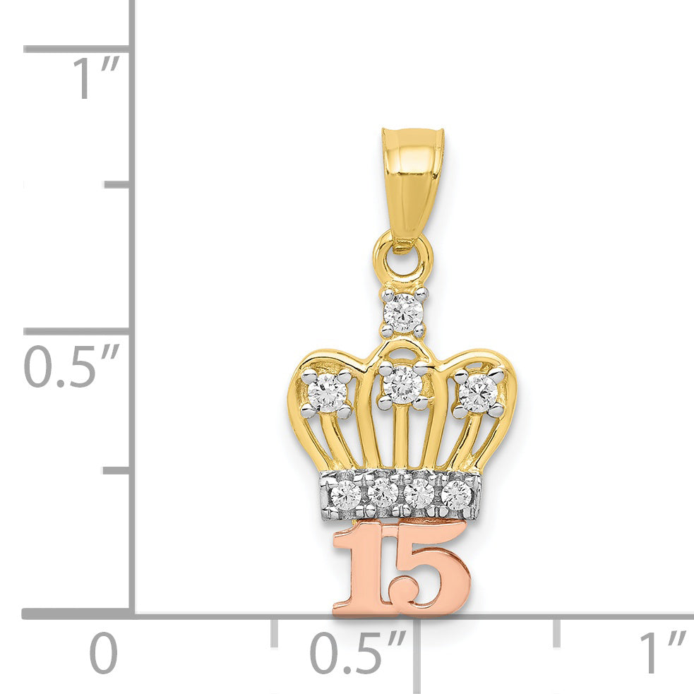 10K Two-tone & White Rhodium CZ 15 Crown Pendant