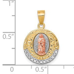 10K Two-Tone w/ Rhodium CZ Lady Of Guadalupe Round Pendant