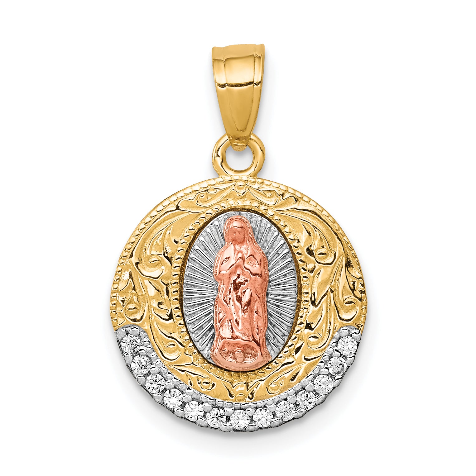 10K Two-Tone w/ Rhodium CZ Lady Of Guadalupe Round Pendant Main image