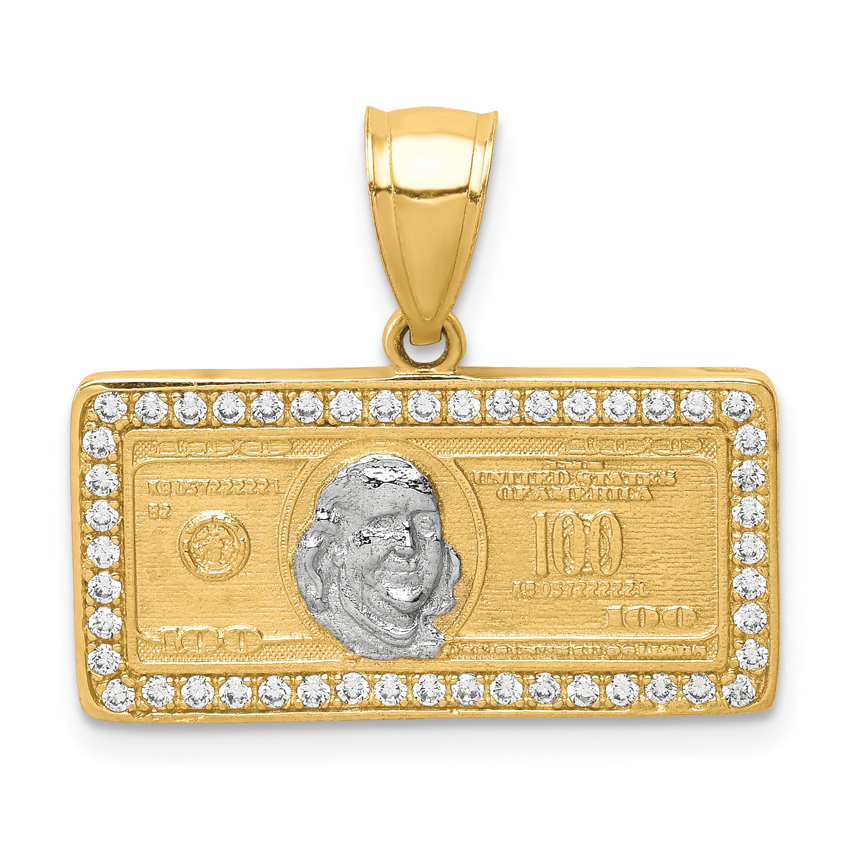 10K w/Rhodium CZ Micropave 100 Dollar Bill Pendant Main image