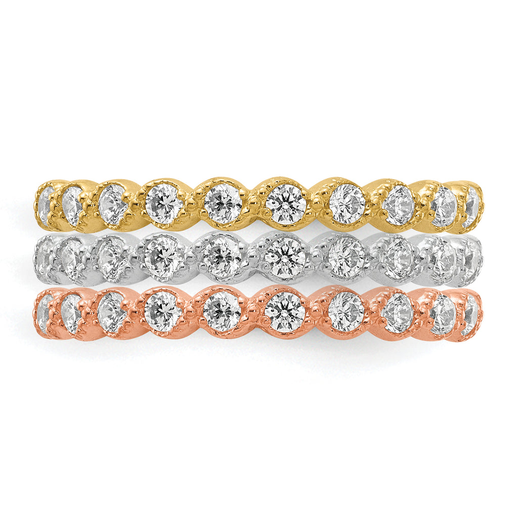 10K Tri-color Set of Three Stackable CZ Rings