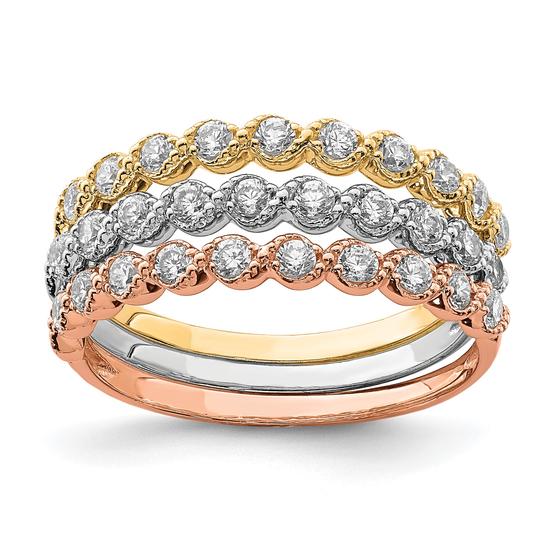 10K Tri-color Set of Three Stackable CZ Rings Main image
