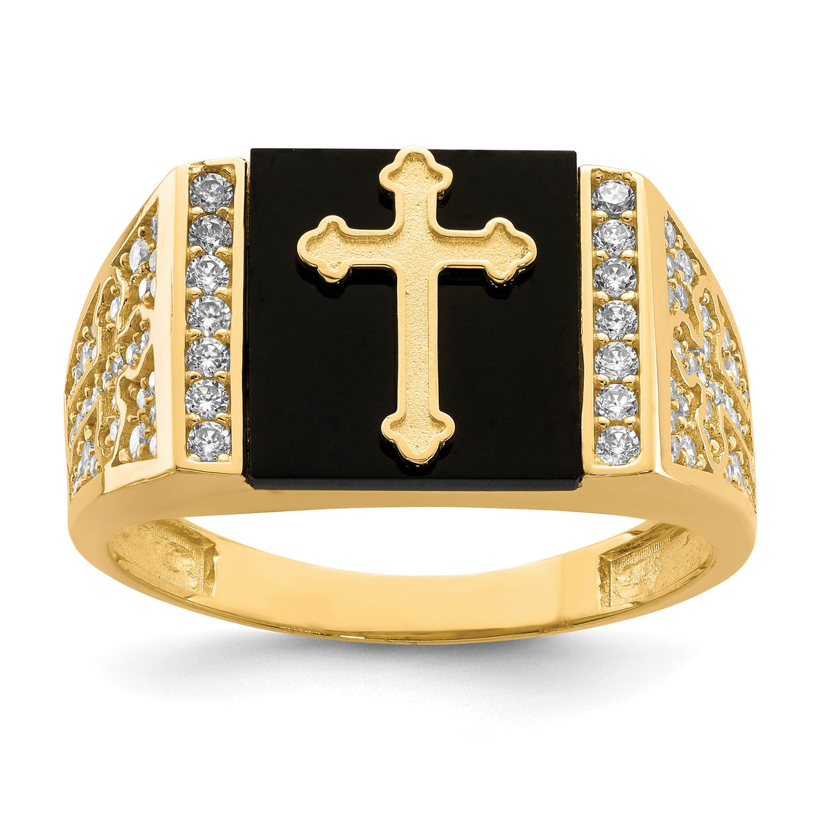Men's Square Cubic Zirconia and Cross Onyx Ring in 10K Yellow Gold, Size 10 - Sophia Jewelers Main image