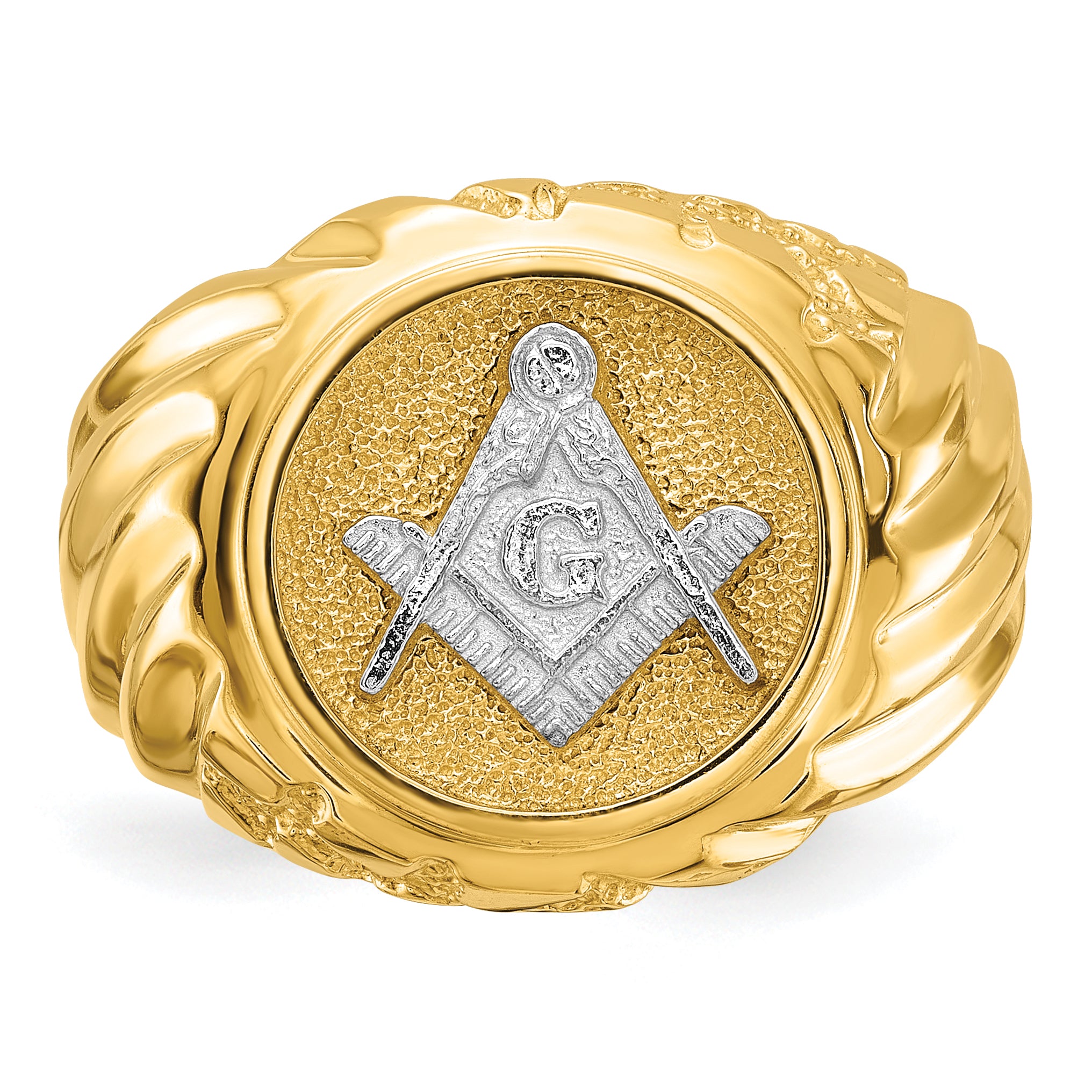 10k Two-tone Men's Polished and Textured Masonic Ring - 10.5