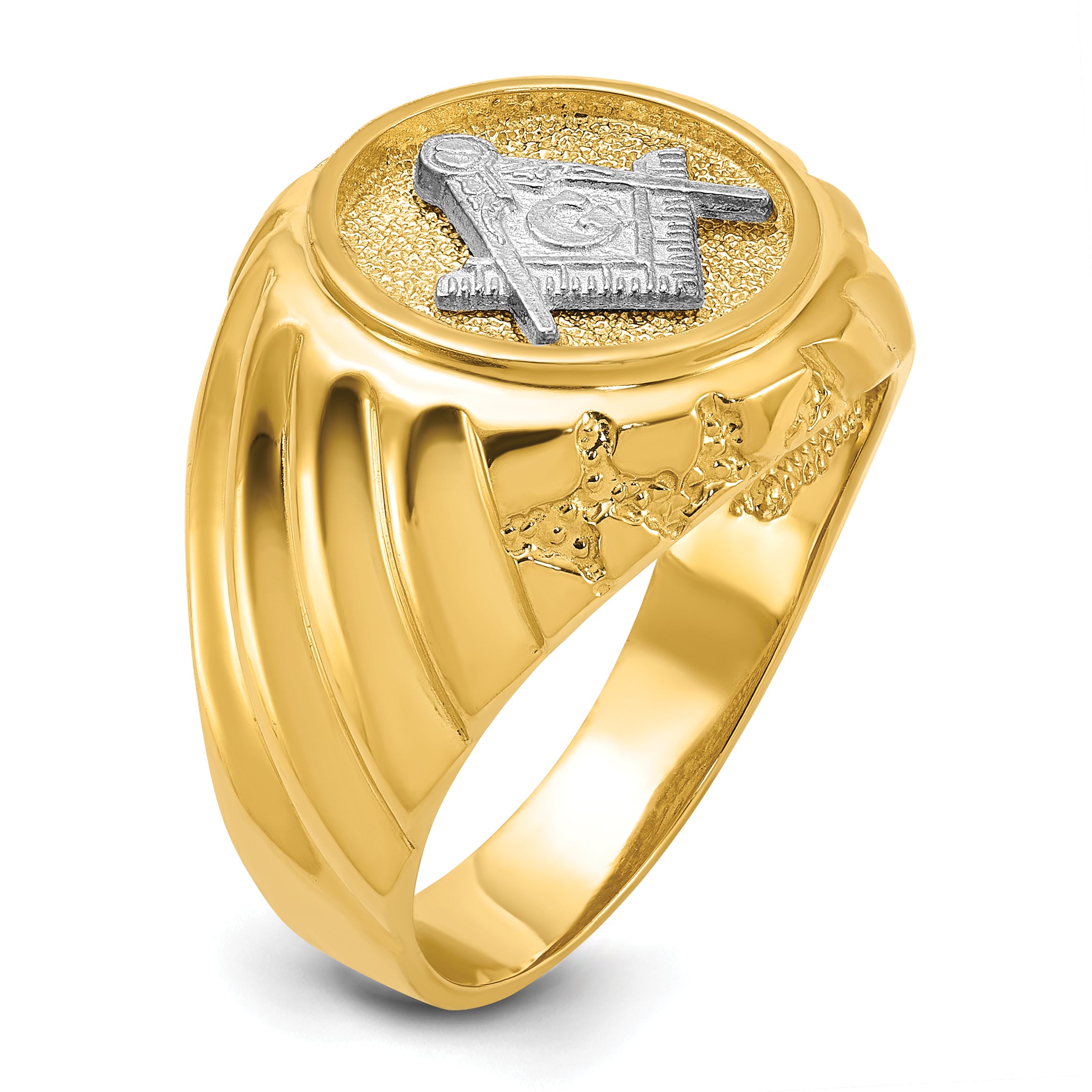 10k Two-tone Men's Polished and Textured Masonic Ring - 10.5