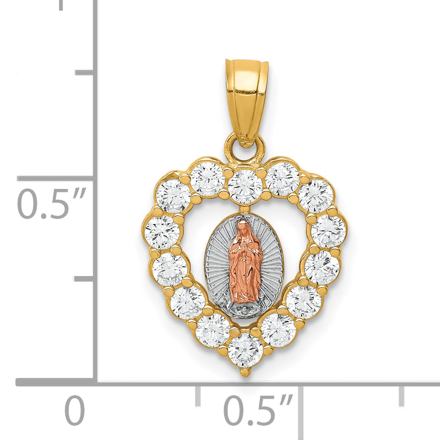 10K Two-Tone W/White Rhodium CZ Guadalupe Heart Pendant