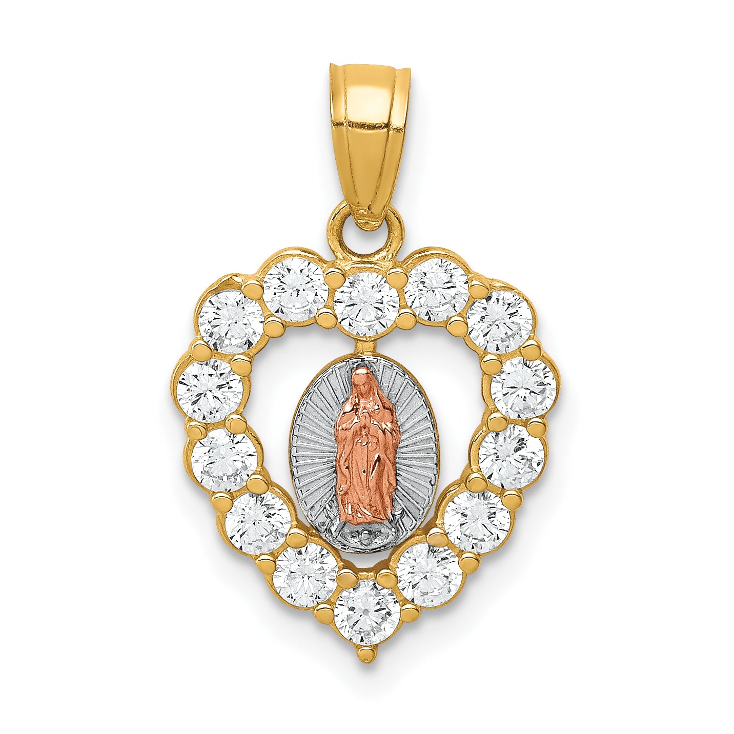 10K Two-Tone W/White Rhodium CZ Guadalupe Heart Pendant Main image
