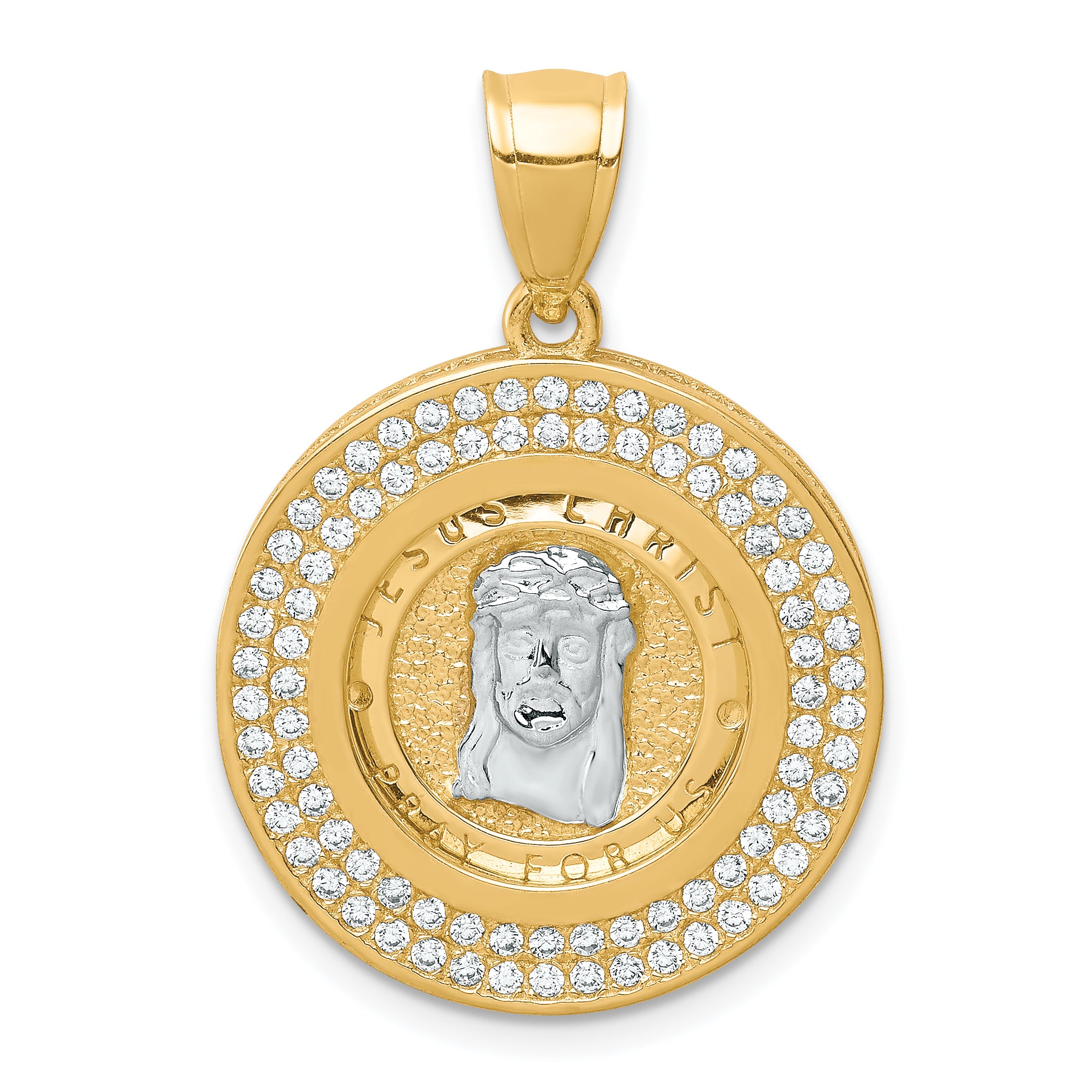 10K W/Rhodium CZ Channel Edge Pave Jesus Face Pendant