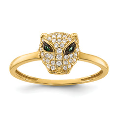 10K Polished Clear and Green CZ Lioness Head Ring