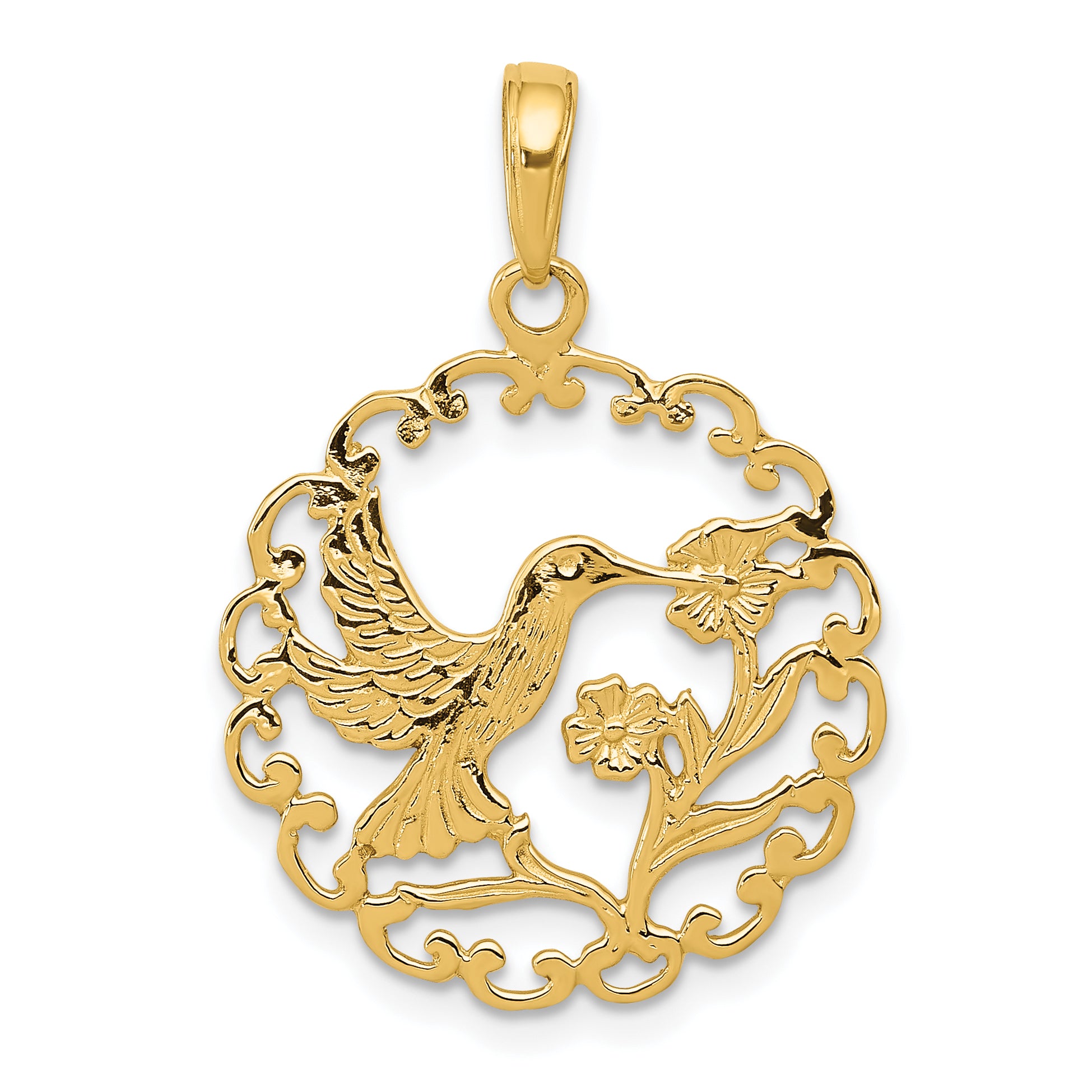 10k Hummingbird in Round Frame Pendant