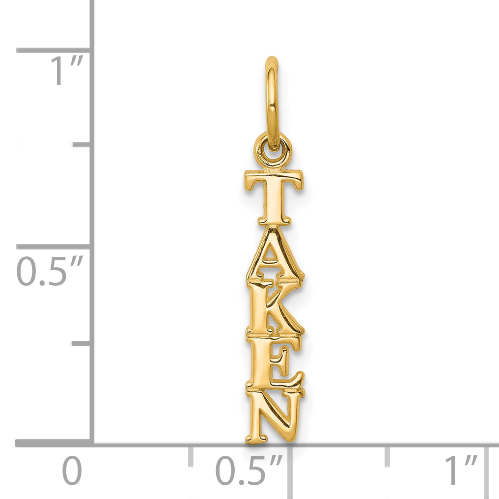10K Yellow Gold Polished TAKEN Charm Pendant  Elegant Solid Design