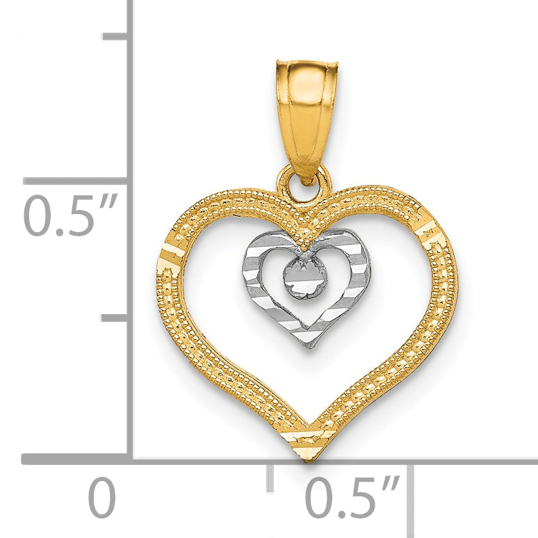 10K Gold Heart Charm with Rhodium Accents and Polished Finish