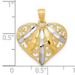 10K Gold Rhodium-Accented Diamond-Cut Heart Filigree Pendant Elegant Polished Finish