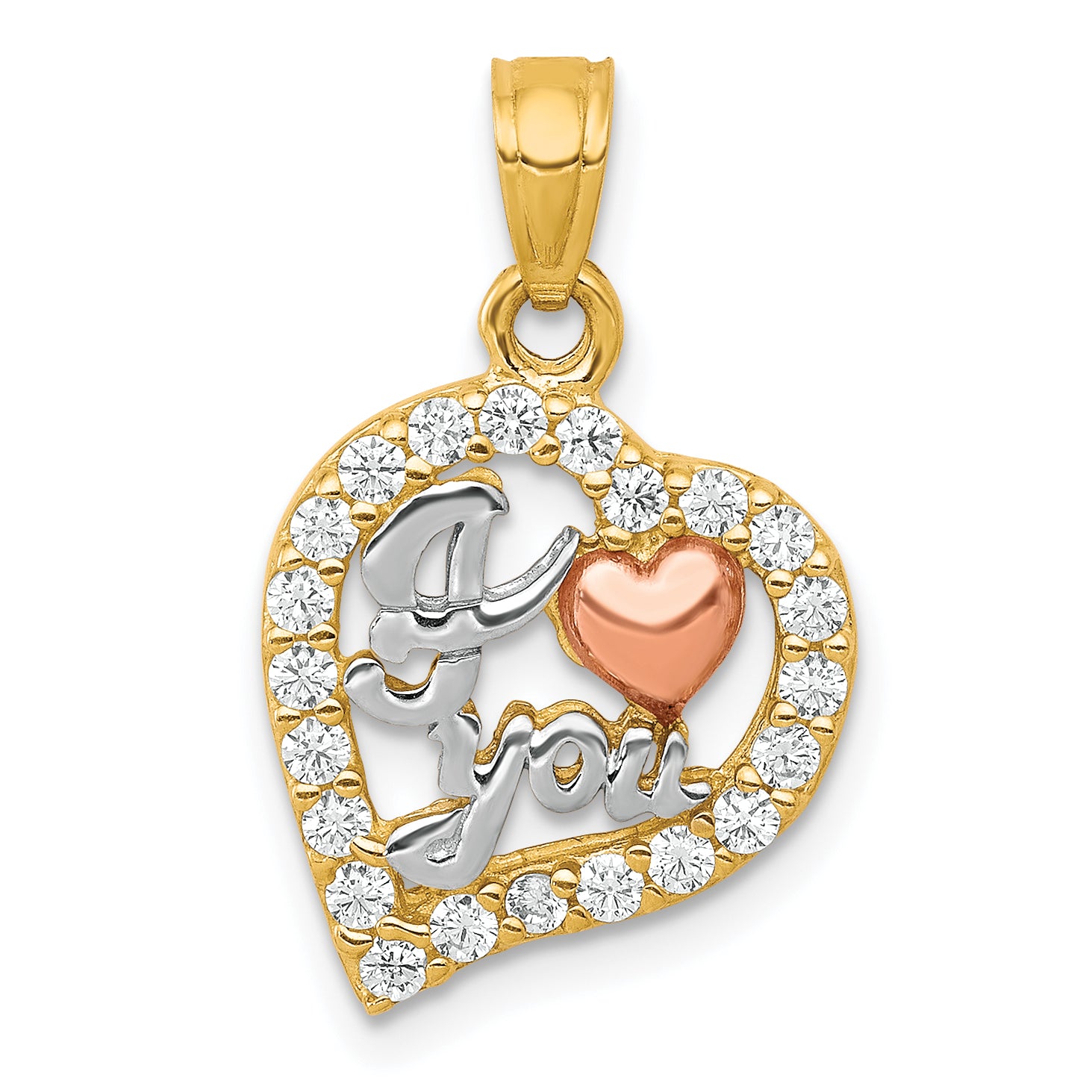 10K Two-Tone w/White Rhodium I LOVE YOU CZ Heart Pendant Main image