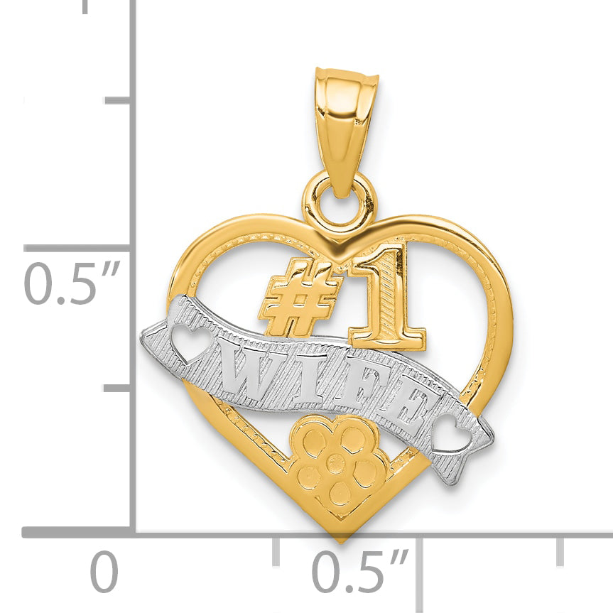 10K Gold Heart Charm with Rhodium Accents #1 Wife Polished Design