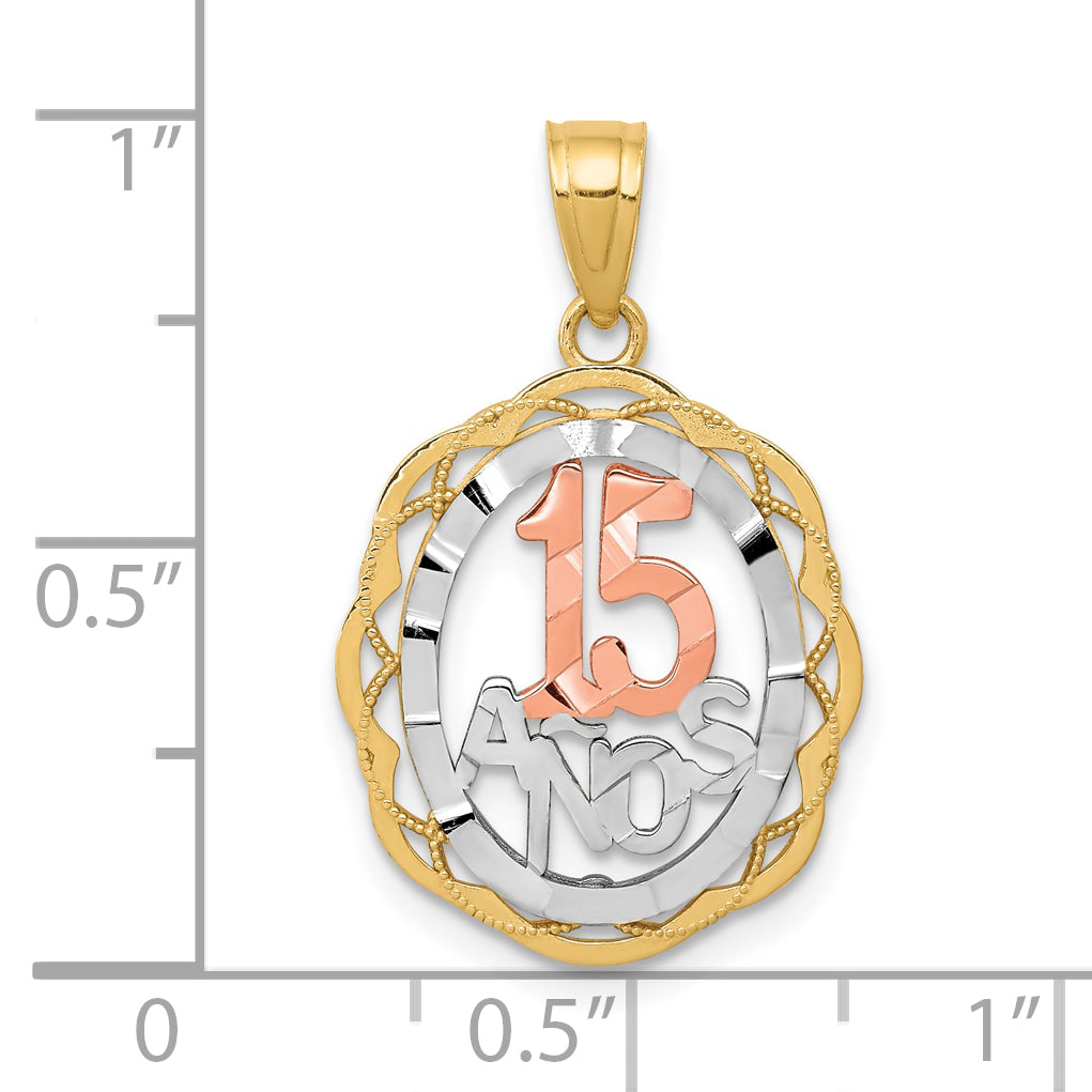 10K Two-Tone Gold Sweet 15 Oval Pendant with Polished Rhodium Finish
