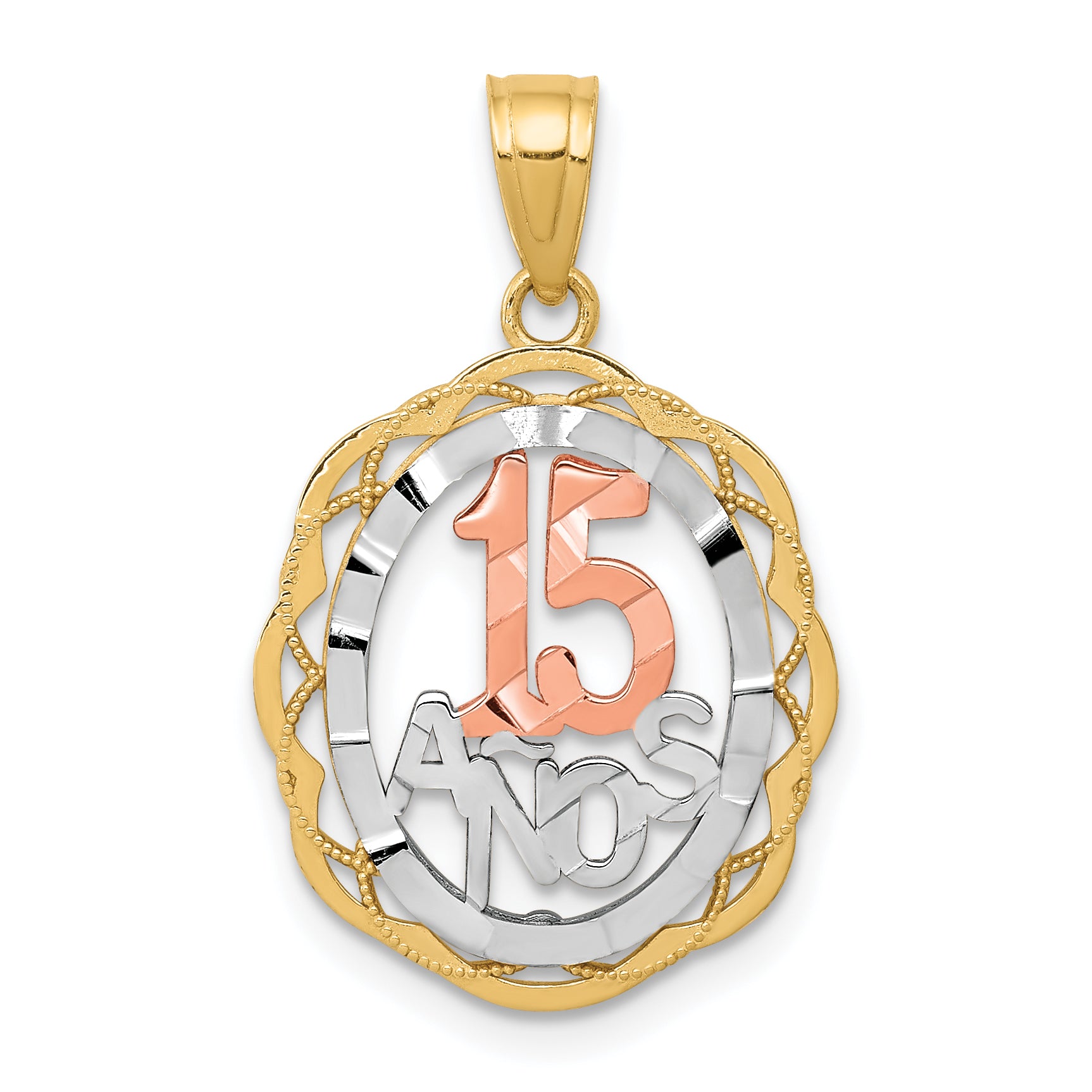 10K Two-tone w/White Rhodium Sweet 15 ANOS Oval Pendant Main image