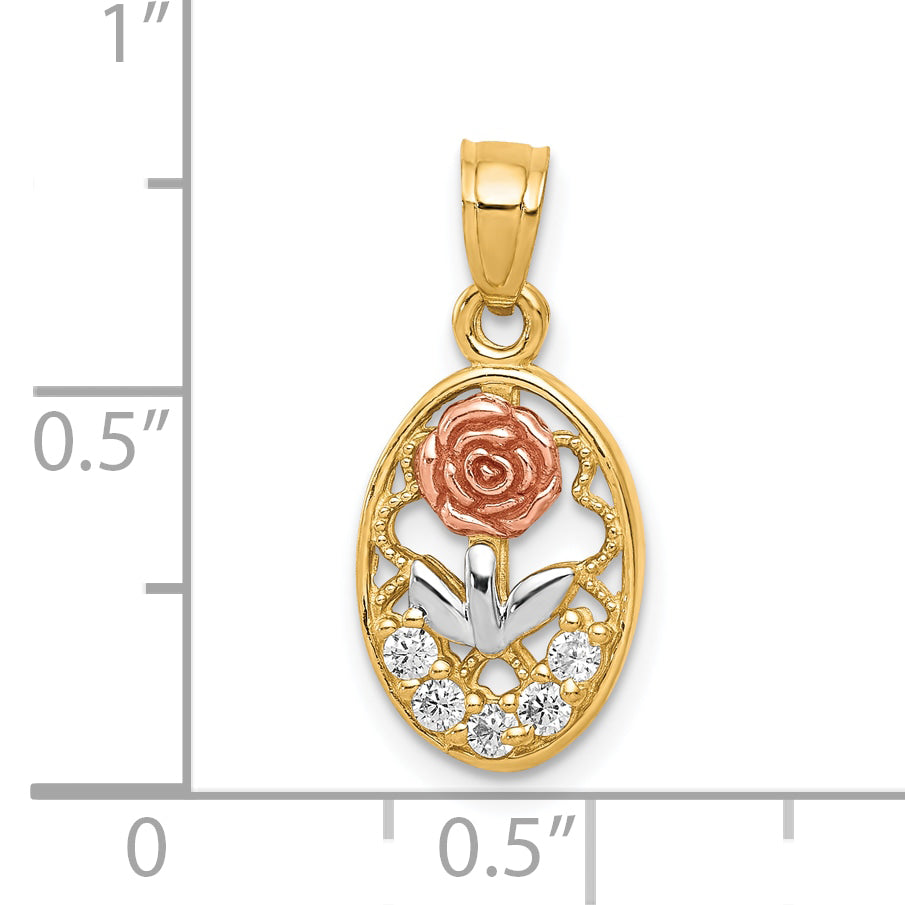 10K Two-Tone Gold Rose Charm with CZ and Rhodium Accent Polished Finish