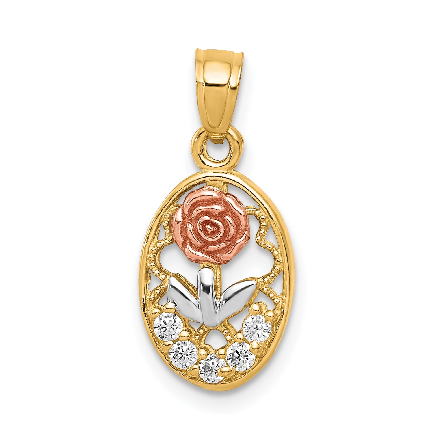 10K Two-Tone w/White Rhodium CZ Rose Charm Main image