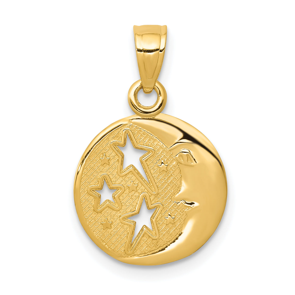 10k Polished Flat-Backed Moon with Three Stars Pendant