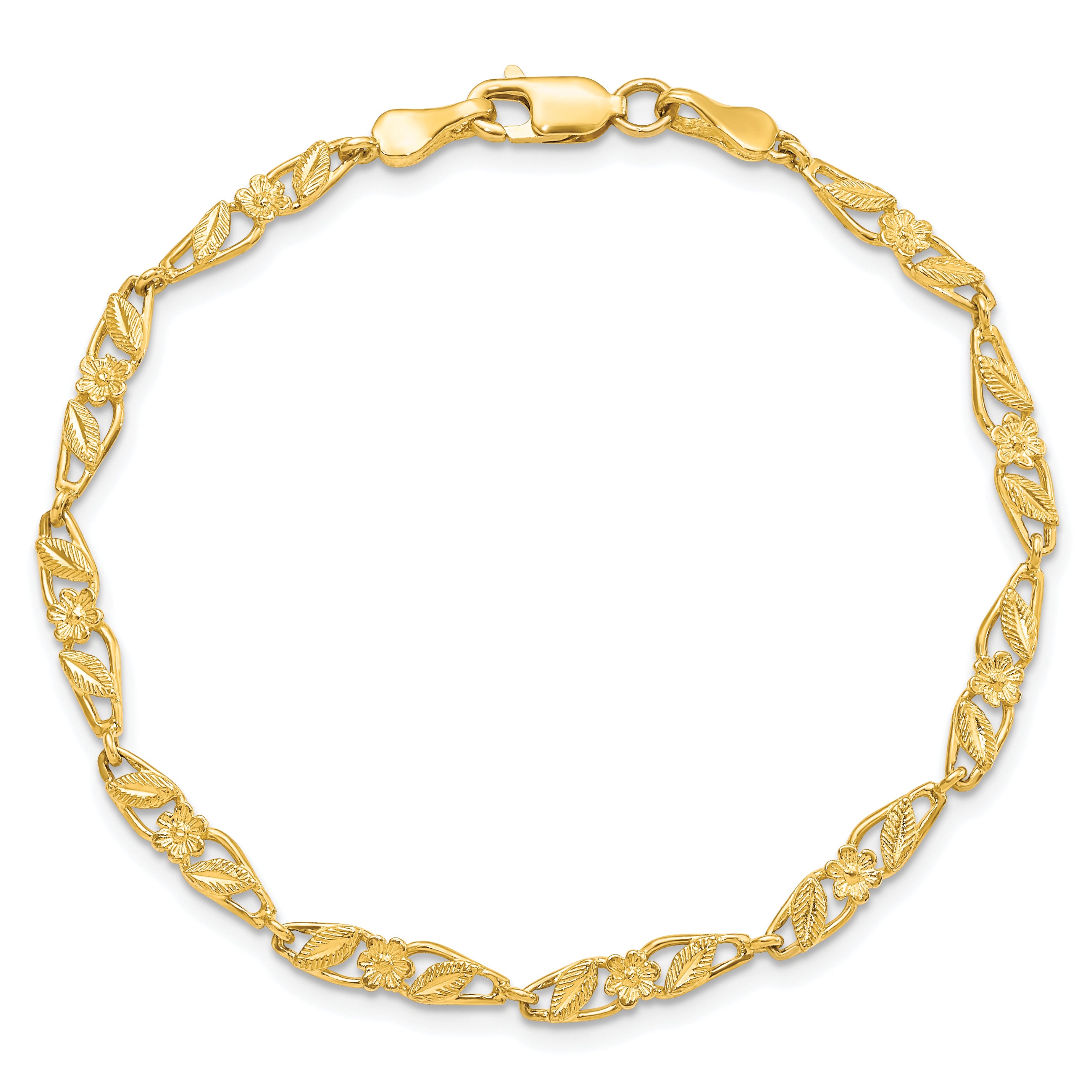 10k Solid Polished Open Back Flower & Leaf Bracelet