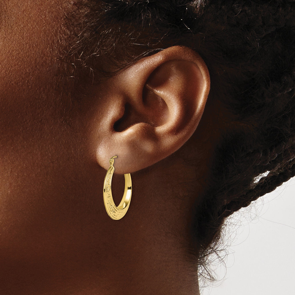 10K Yellow Gold Greek Key Hoop Earrings with Polished Finish and Secure Closure