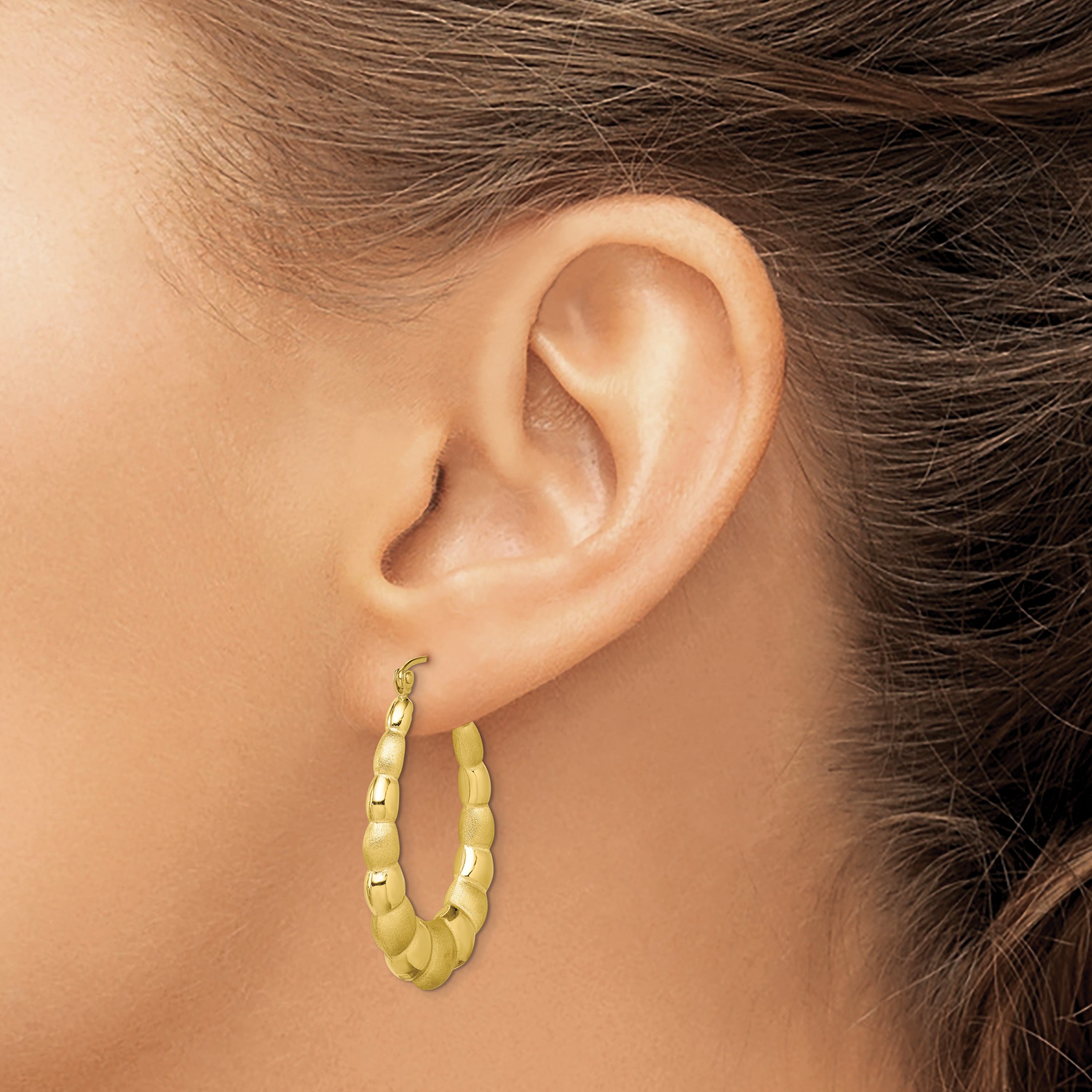 10K Yellow Gold Satin & Polished Hollow Hoop Earrings with Secure Closure