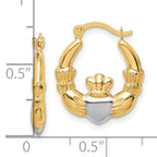 10K Gold & Rhodium Claddagh Hoop Earrings with Polished Finish