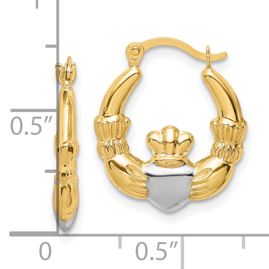 10K Gold & Rhodium Claddagh Hoop Earrings with Polished Finish