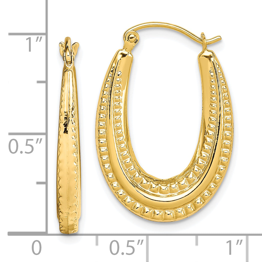 10K Gold Textured Oval Hoop Earrings with Polished Finish 25mm Creole Style